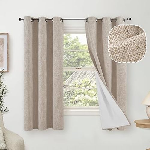 Lajode Linen Blackout Curtains for Bedroom Narrow Window, Thermal Insulated Complete Light Blocking Privacy Soundproof Small Curtains for Basement, Each 38 Inch Wide 63 Inch Length 2 Panels, Beige