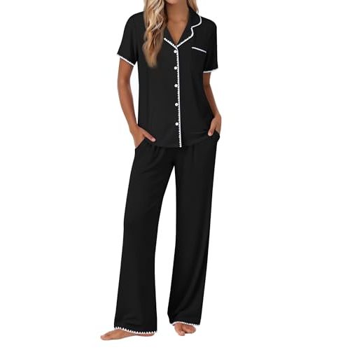 Ekouaer Pajamas for Women Set Button Up Soft Pjs Short Sleeve Lounge Sets | Cute Scalloped Trim, Notch Collar, Side Pockets, Soft Breathable Fabric,Ideal for Daily Wear, Maternity, Postpartum