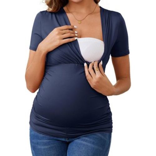 INSPIRE CHIC Women's Summer Nursing Blouse V Neck Short Sleeve Maternity Ruched Tops Medium Navy