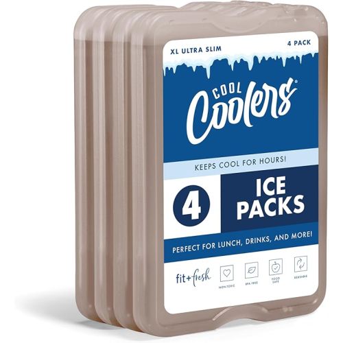 Cool Coolers by Fit & Fresh 4 Pack XL Slim Ice Packs, Quick Freeze Space Saving Reusable Ice Packs for Lunch Boxes or Coolers
