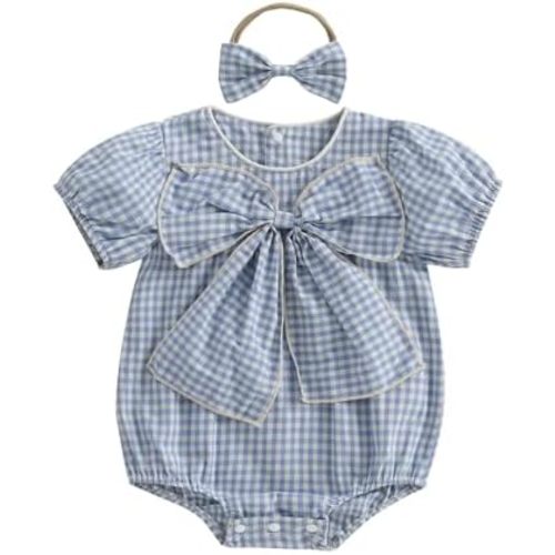 Newborn Baby Girl Summer Outfits Applique Plaid Romper T-shirt Short Sleeve Ruffle Bubble Bodysuit Infant Clothes