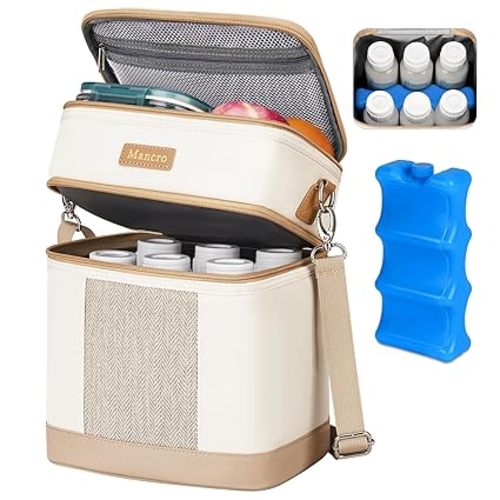 Mancro Breastmilk Cooler Bag with Ice Pack, Double Layer Insulated Baby Bottles Bag Fits 6 Bottles Up to 9 Ounces, Portable Breast Pump Cooler Travel Bag for Daycare and Nursing Moms, Beige