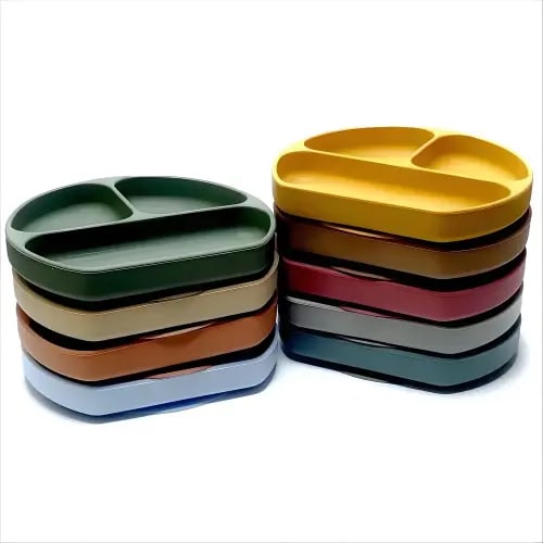 Three compartment plate children's tableware suction cups training tableware children's feeding bowl baby supplies silicone dinn - AliExpress