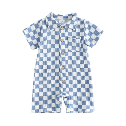 Newborn Baby Boy Summer Clothes Checkered Short Sleeve Romper Button Down Jumpsuit Overalls Infant Summer Outfits