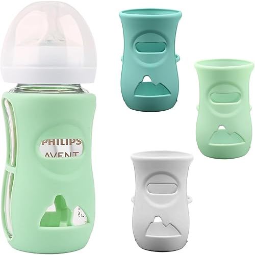 Silicone Sleeves for Avent Glass Natural Baby Bottle,3 Pack Bottles Shatter Proof Bottle Covers,Anti Flow Holder Compatible Baby Bottle 8 oz,BPA Free (Grey+Blue+Green)