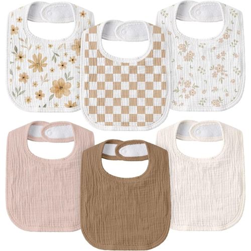 GLLQUEN BABY Muslin Drool Bibs for Boys Girls 6 Pack, Adjustable Baby Bibs for Drooling and Teething, Soft Cotton Baby Bandana Bib for Newborn Feeding Essentials (Autumn Flora)