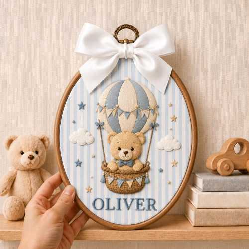 Personalized Baby Hoop | Embroidered Teddy Bear Hot Air Balloon Hoop | Baby Announcement Ornament | Nursery Wall Decor | Baby Shower Gift