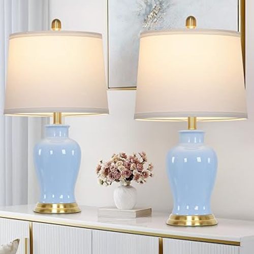 23" Modern Blue Ceramic Table Lamps Set of 2, Coastal Ceramic Lamps for Living Room, Classic Bedside Lamp with Ginger Jar Design, Elegant Bedroom Lamp for Night stand Desk Side End Table Home Decor