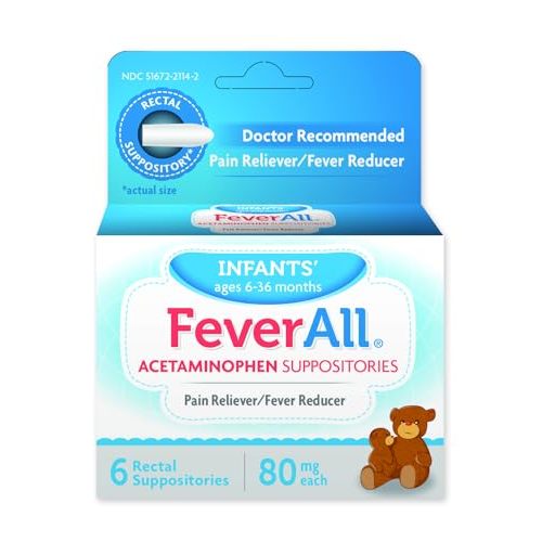 Feverall Infant Acetaminophen Suppositories 6 Rectal Suppositories 80mg Each Pain Reliever/Fever Reducer. Paraben Free, No Artificial Colors or Other preservatives. Ages 6-36 Months