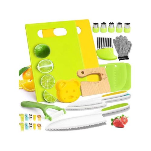 Kids Kitchen Knife Set 28-Piece, Montessori Real Cooking Tools, BPA-Free Toddler Safe Knives with Cutting Boards & Fruit Cutters