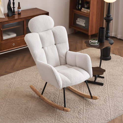 JXXRZ Nursery Rocking Chair with Headrest, Oversized Teddy Plush & Modern Upholstered High Back, White