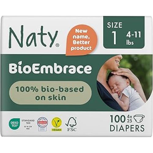 Naty BioEmbrace Baby Newborn Diapers Size 1 (4–11 lbs) | 100% Biobased on Skin | Plant-Based Softness | Dermatologically Tested, Super Absorbent | 100 Count