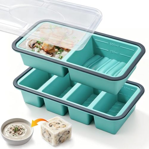2 Pack Silicone Food Freezer Molds With Lids, 125 mL/250 mL/500 mL Freezer Containers, Large Soup Freezer Containers Tray for Meal Prep, Broth, Soup