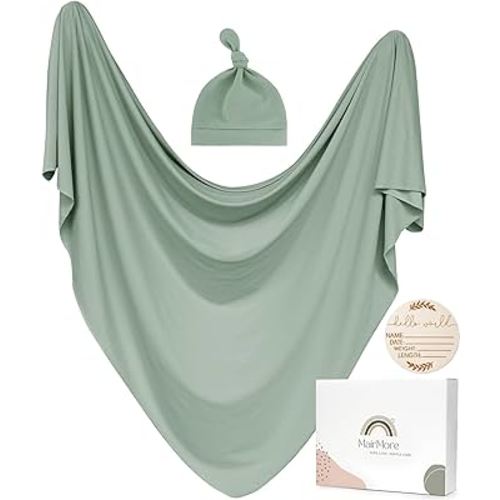 MairMore Baby Swaddle Receiving Blankets with Matching Beanie Set Newborn Nursery Swaddle Wrap for Baby Girls and Boys (Green)