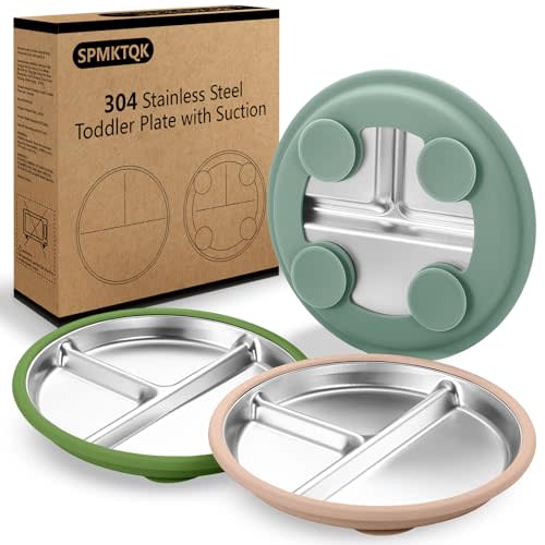 SPMKTQK 3 Pack Stainless Steel Kids Plates with Suction, 8.1” Divided Toddler & Baby Plates, Non Slip Metal Plates for Kids, Removable Silicone Sleeves, Dishwasher Safe for Baby Led Weaning