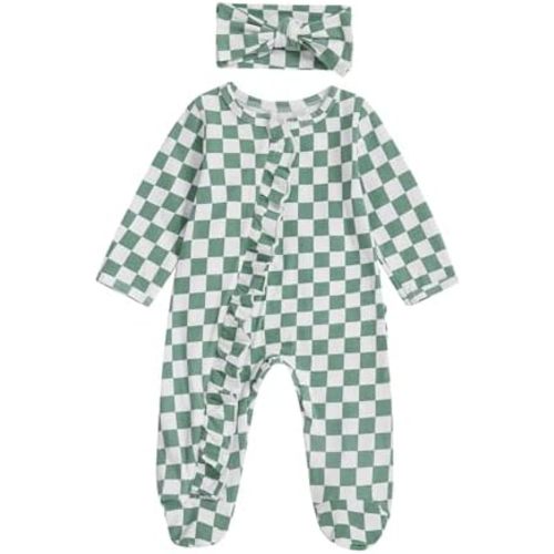 Karuedoo Newborn Baby Girl Clothes Checkered Ruffle Long Sleeve Zipper Footie Romper One-Piece Footed Jumpsuit Sleeper