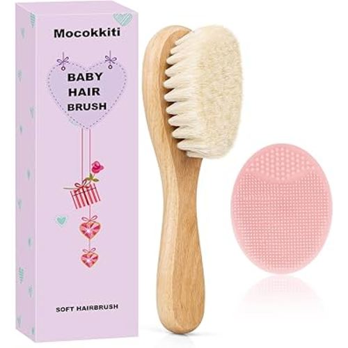 Baby Hair Brush and Pink Cradle Cap Brush Set for Newborns and Toddlers, Wooden Baby Hair Brush Set with Soft Goat Bristle, Baby Hair Care Kit (2PCS)
