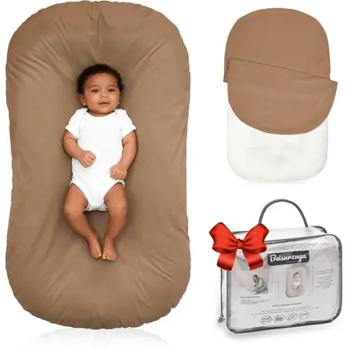 Baby Lounger for Newborn - Snuggle Cozy Me Lounger | Breathable Soft Cotton, 0-24 Months Portable Playtime Baby Nest, Newborn Baby Essentials Gifts- Brown (1 Lounger + 1 Cover)