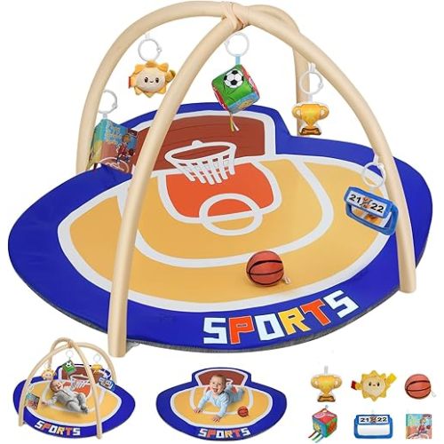 IPOZITO Baby Gym Play Mat, Oversize Basketball Court Shaped Tummy Time Mat, Baby Play Activity Mat for Floor Promote Motor Skill & Sensory Development, Newborn Infant Essentials Gift