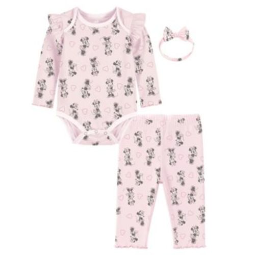 Baby Girls' Minnie Printed Bodysuit, Pants and Headband, 3-Piece Set