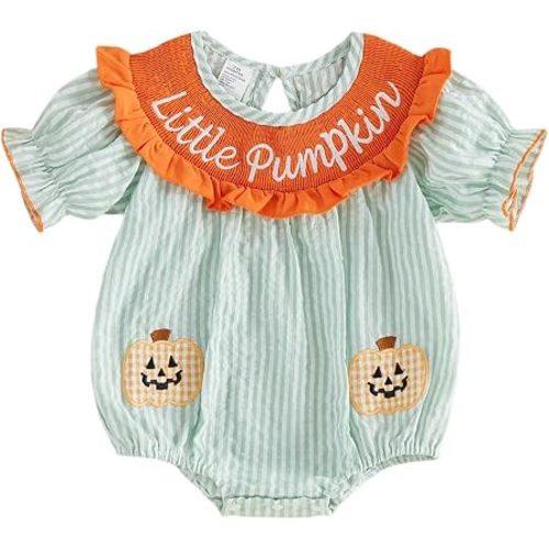 Baby Girl Halloween Outfit Pumpkin Bubble Romper Short Sleeve Stripes Jumpsuit Cute Smocked Clothes