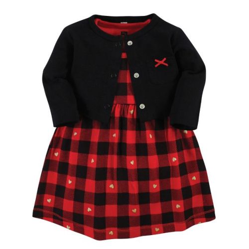 Hudson Baby Baby Girls Cotton Dress and Cardigan Set, Gold Heart Buffalo Plaid, 6-9 Months