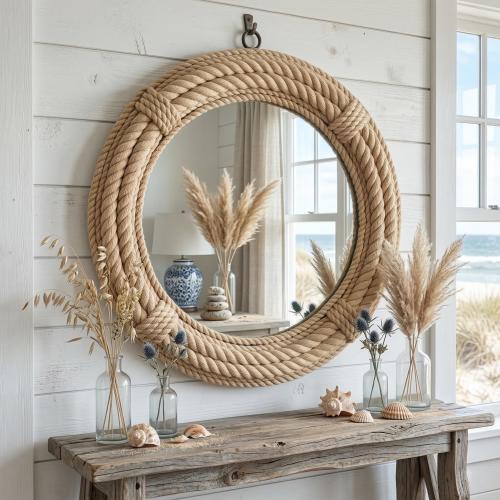 Handmade Jute Rope Mirror – Round Coastal Boho Farmhouse Wall Decor