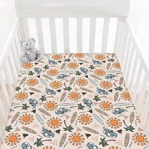 HawSkgFub Hawaii Beach Surf Summer Vibe Fitted Standard Crib Sheet for Baby Boy, Tropical Coconut Tree Sun Toddler Mattress Cover, Soft Breathable Stretchy Nursery Bed Sheets Decor Kids Gift 52" x 28"