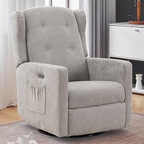 Power Swivel Rocking Recliner Chair, High Back Electric Rocker Nursery Glider Chair, USB and Type-C Ports, Upholstered Fabric Reclining Single Sofa Chair for Living Room (Grey)