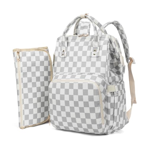 Baby Diaper Bag Backpack for Mom, Large Capacity Baby Essentials Travel Tote, Multifunction Baby Bag with Changing Pad, Stroller Straps, Pacifier Case, Baby Shower Gifts, Corduroy Checkered Gray