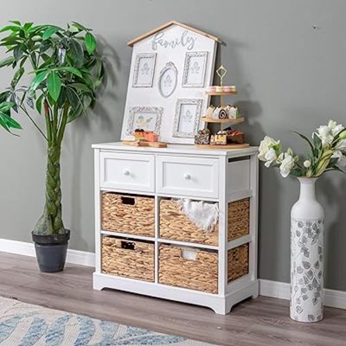 PHI VILLA White Storage Cabinet with Baskets, Accent Cabinet with Drawers, Entryway Rattan Cabinet with Shelves