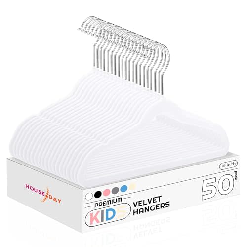 HOUSE DAY 14 Inch Kids Velvet Hangers 50 Pack, Durable Big Kids Hangers for Youth,Teen, Non Slip Kid Felt Hanger, Cute Childrens Hanger for Closet, White