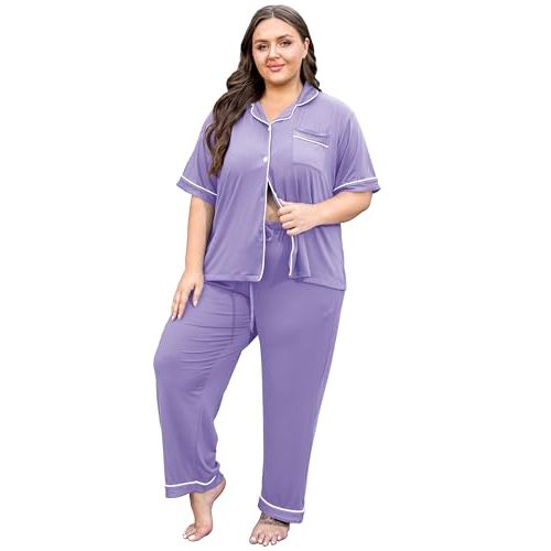 Vozanet Women's Plus Size Pajamas Button Down Shirt and Pants Soft Lounge Sets Bride Nighty Bottom with Pockets 1x to 5x