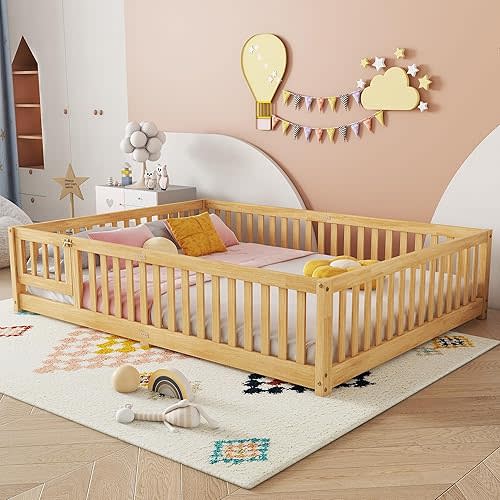 Bellemave Queen Size Floor Bed Frame with Slats and Safety Guardrail, Wood Queen Size Montessori Floor Bed with Door and Fence, Easy Assemble Montessori Beds for Kids, Girls, Boys, Natural
