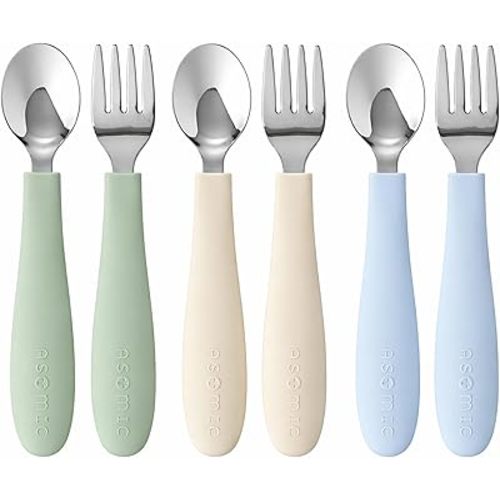 ASOMIC Toddler Utensils, 6-Piece Kids Silverware Set with Silicone Handles, 3 Forks & 3 Spoons, Premium 316 Stainless Steel, Dishwasher Safe (Sage/Sky Blue/Ivory)