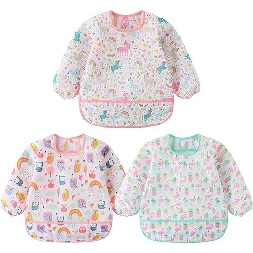 3 Pcs Waterproof Long Sleeves Baby Bibs Weaning Smock Bib 3-24 Months