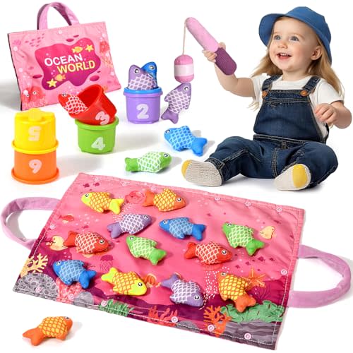 Montessori Toys for 1 Year Old - 20PCS Cloth Toddler Pink Fishing Game with Stacking Cups,Baby Color Sorting Toy 12-18 Months One Year Old Birthday Gift,Best Easter Gifts for 1-3 Year Olds