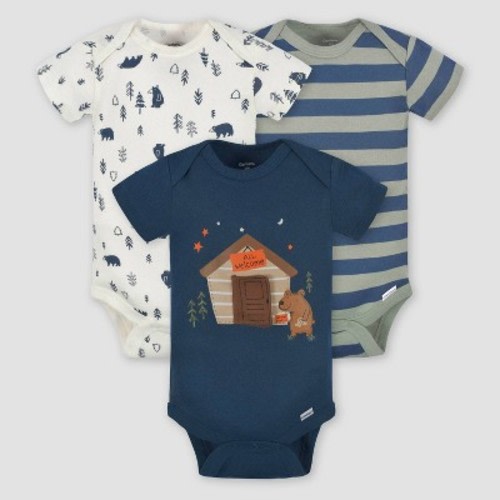 Gerber Baby Boys' 3pk Bear Short Sleeve Onesies - Forest Green/White/Navy Blue Newborn