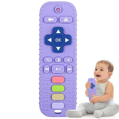 Silicone Teething Toys for 0-24 Months Infant Toddlers, Remote Control Shape Teethers for Babies Chew Toys, Relief Soothe Babies Gums Set Dishwasher and Refrigerator Safe Purple