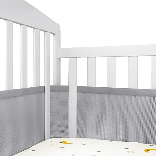 Breathable Mesh Crib Liner for Protecting Baby Legs and Arms, Block The Pacifier from Falling, 11" H (28cm) Essential 3mm Breathable Mesh Liner Around 3 or 4 Side Full-Size Crib, Grey