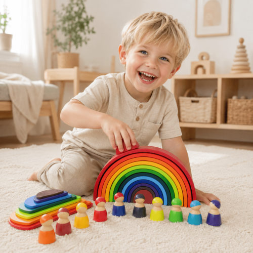 12-Piece Wooden Rainbow Stacker & Peg Doll Set | Montessori Educational Sensory Building Blocks Open Ended Waldorf Toys for Toddlers & Kids
