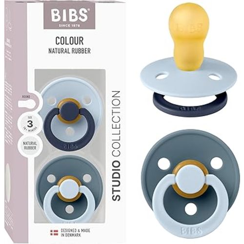 BIBS Colour Studio Pacifier 2-Pack, BPA Free, Round Nipple. Natural Rubber Latex, Made in Denmark, Size 3 (18+ Months) - Baby Blue/Petrol