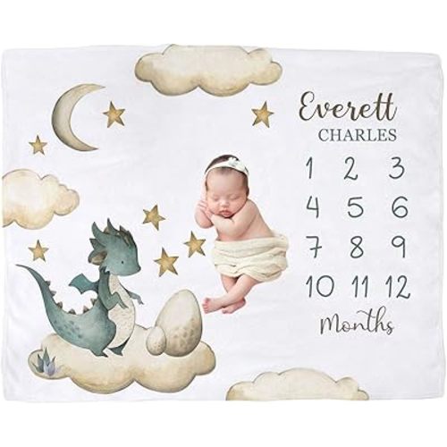 Personalized Dragon Baby Blanket for Boys – Custom Name Milestone Tracker, Soft Newborn Blanket & Baby Shower Keepsake Gift