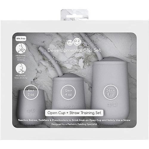 ezpz Developmental Cup Set (Pewter) - 100% Silicone - Teaches Babies, Toddlers, and Preschoolers to Drink from an Open Cup and Safely Use a Straw - Designed by a Pediatric Feeding Specialist