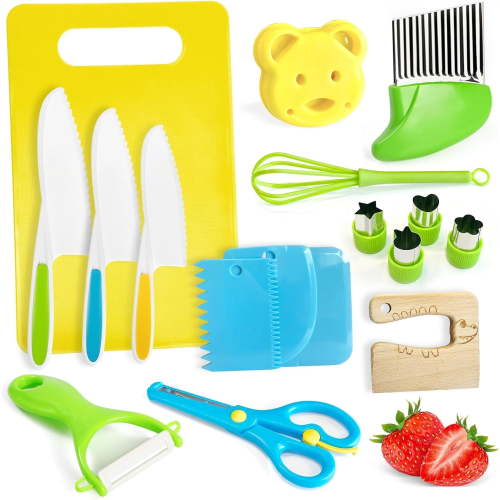 17 Pcs Montessori Kitchen Tools for Toddlers Kids Cooking Sets Safe Knife Set for Real Cooking Include Toddler Knives Cutting Boards Bear Sandwich Cutters Whisk Scissors for Birthday