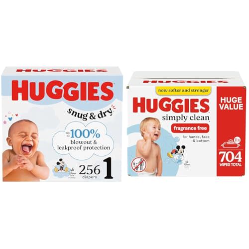 Bundle of Huggies Snug & Dry Newborn Diapers, Size 1 (8-14 lbs), 256 Count + Huggies Simply Clean Unscented Baby Wipes, 11 Flip-Top Packs (704 Wipes)