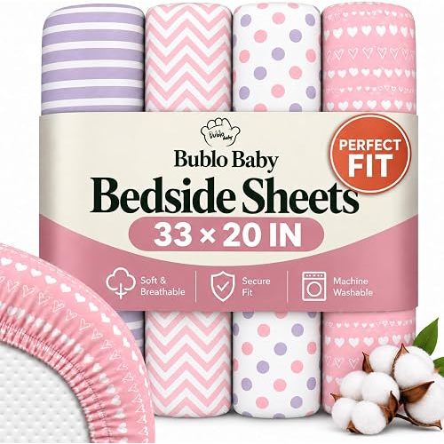 Cotton Fitted Bassinet Sheets, Bedside Sleeper Sheets 33x20x4, Pink-Purple-White, 4 Pack