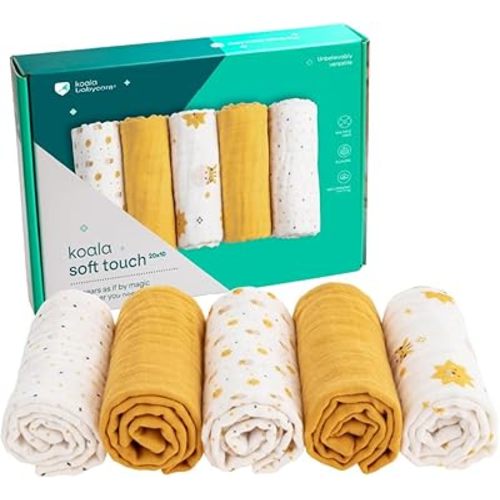 Koala Babycare 5 Pack 20"x10" Muslin Burp Cloths for Baby Boys and Girls - GOTS & Oeko-TEX Cotton Burp Rags for Newborns - Absorbent Neutral Burping Cloths for Feeding - Washable Baby Bibs Essentials