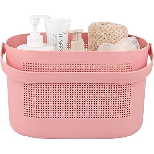 UUJOLY Plastic Storage Baskets with Handles, Shower Caddy Shelf Organizers Basket for Bathroom, Kitchen, Dorm Room, Pink