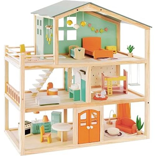 Giant bean Large Wooden Dollhouse with 32 Pcs Furniture Accessories, 3-Story Doll House 5 Rooms Balcony Wooden Stairs, Ideal Dollhouse Playset Toy for Kids Ages 3+, 30" H x 28" L x 13" W
